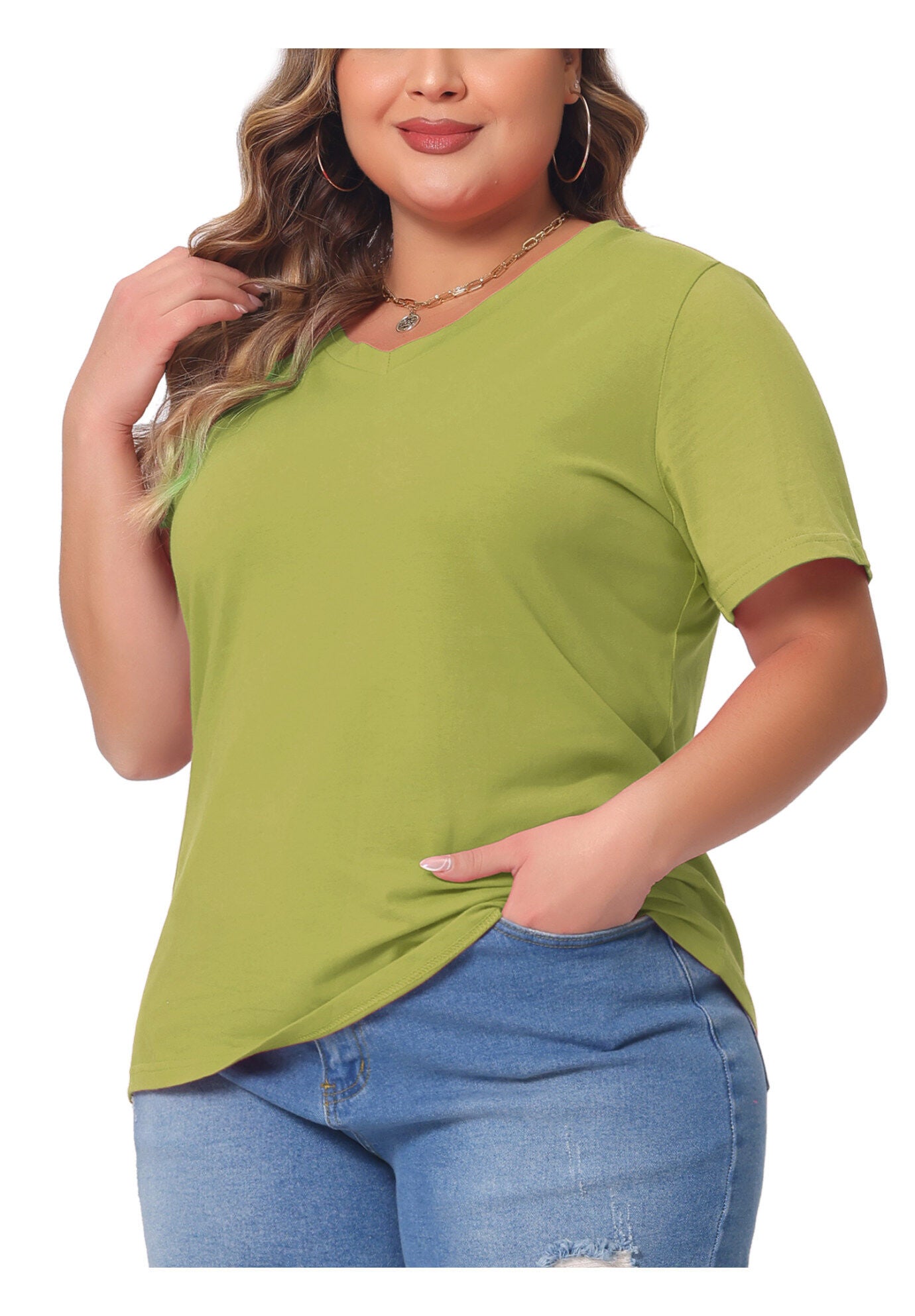 Short Sleeve V Neck Basic T-Shirt Top, Olive Green / Olive Green, alternate image number 2
