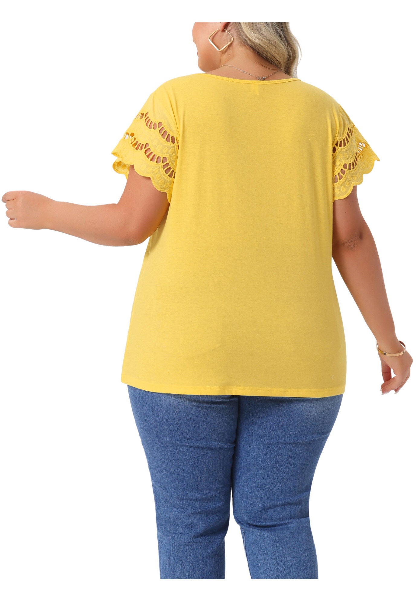 Lace Panel Hollow Short Sleeve Summer Blouse, Yellow / Yellow, alternate image number 3