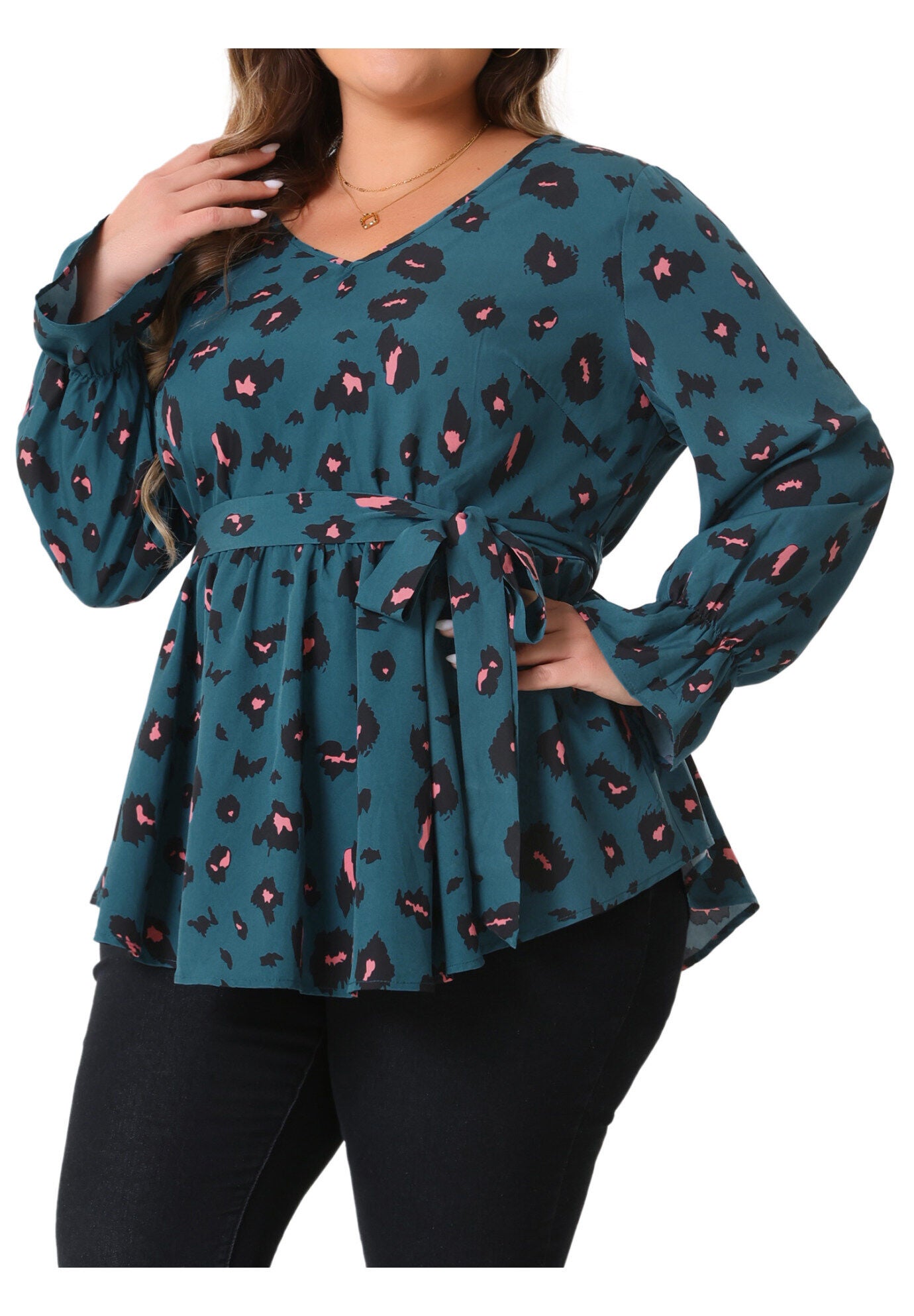 Graphic Print Belted Long Sleeve Peplum Blouse, Teal Blue / Teal, alternate image number 1