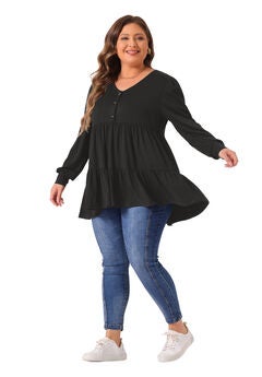 V Neck Long Sleeve Button Up Peplum Tunic Babydoll Top