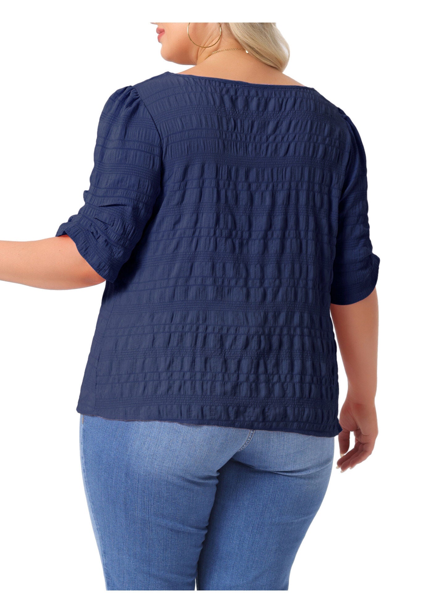 Pleated Notched Short Sleeve Casual Blouse, Dark Blue / Navy, alternate image number 4