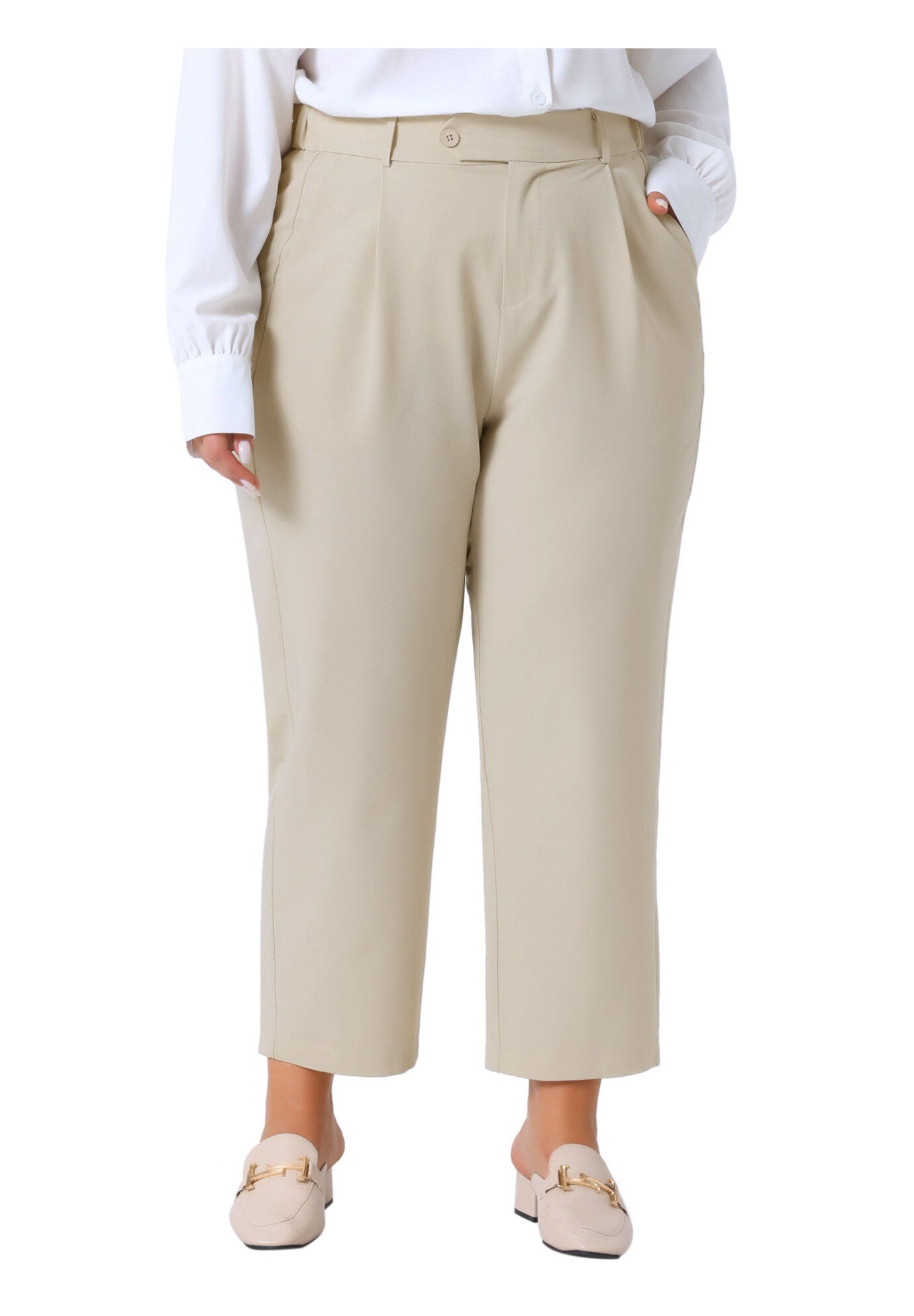 ELASTIC HIGH WAISTED LONG STRAIGHT BUSINESS CASUAL TROUSERS, Light Khaki / Beige, alternate image number 1