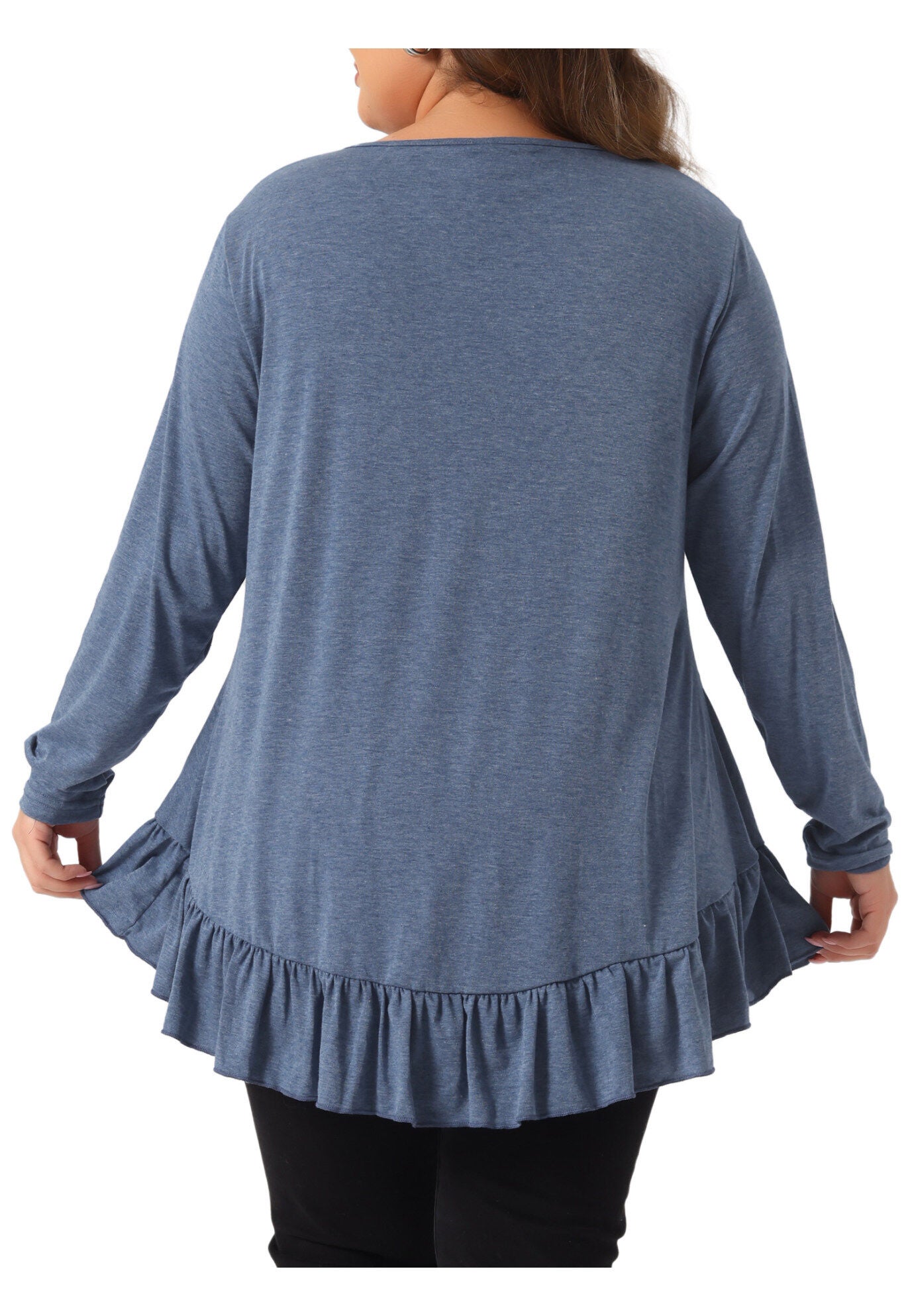 Henley V Neck Ruffled Hem Flowy Blouse Tunic, Blue / Dusty Blue, alternate image number 3