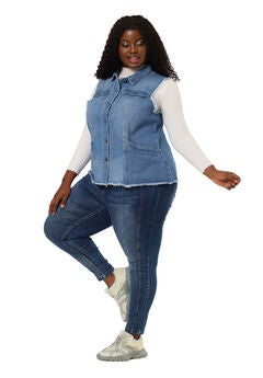 BUTTON FRONT LAPEL FRAYED WASHED SLEEVELESS LONG DENIM VEST