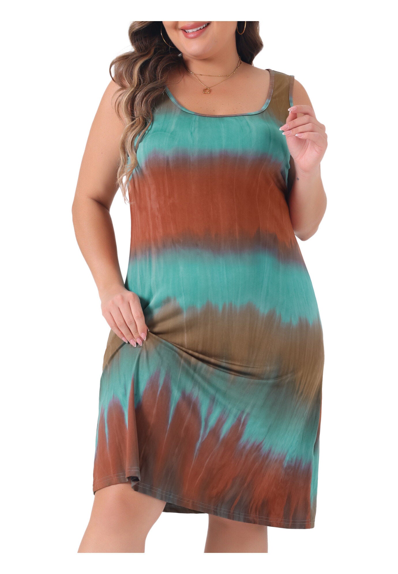 Summer Sleeveless Tie Dye Tank Loose Sundress, Blue Brown / Brown, alternate image number 2