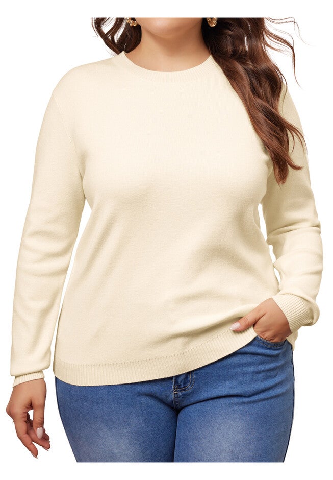 Long Sleeve Crewneck Knit Sweater Tee Top, Apricot / Beige, alternate image number 2