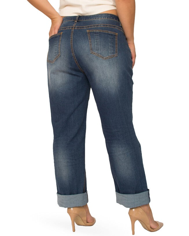 Plus Size Dallas Women's Roll-Up Hem Boyfriend Jeans, 1824 Wash / Dark Wash, alternate image number 2