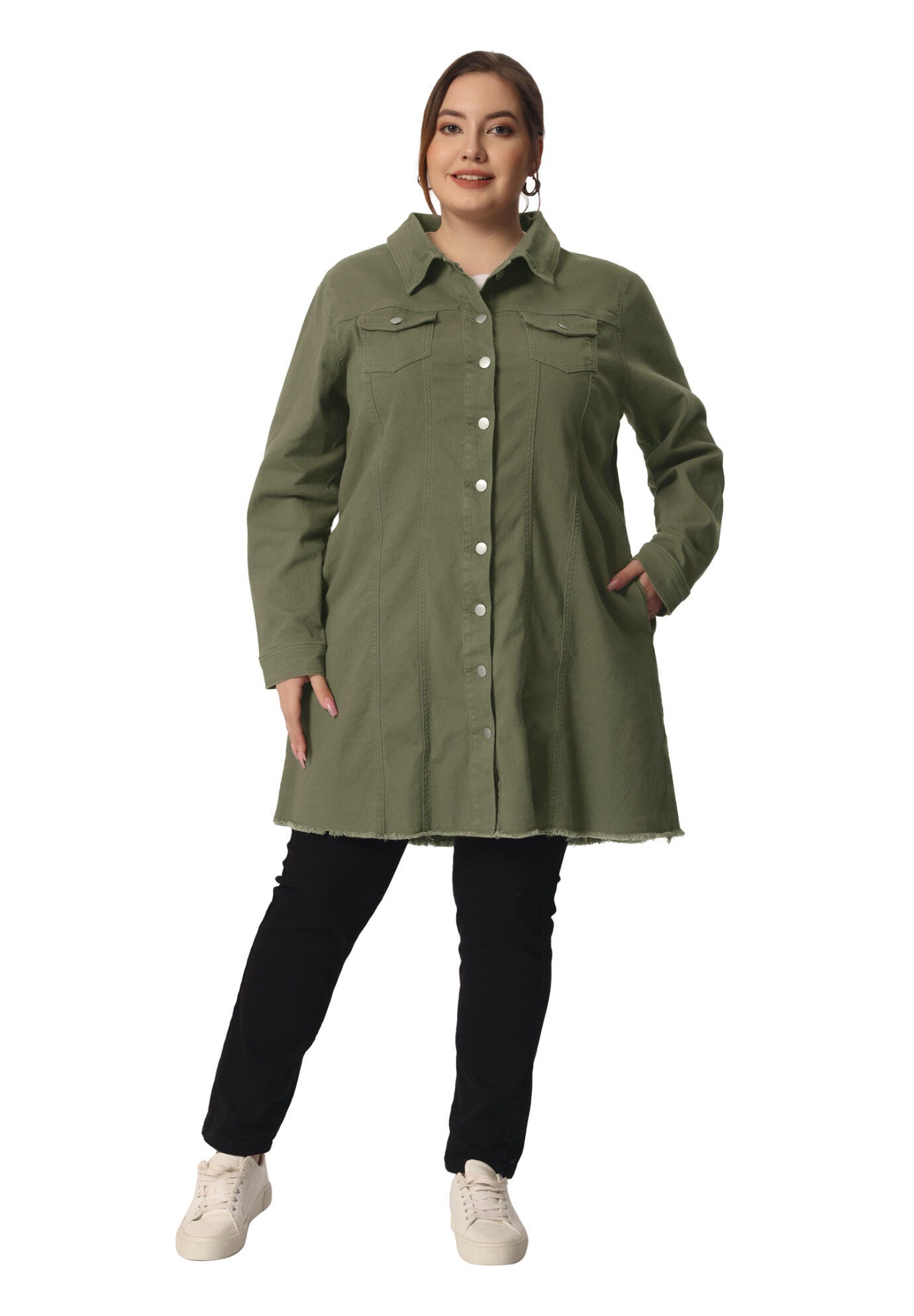 DISTRESSED BUTTON UP POCKET LONG DENIM JACKET, Green / Olive Green, hi-res image number 0