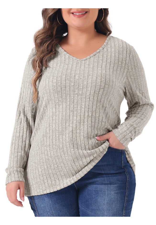 V Neck Long Sleeve Ribbed Brushed Tunic Blouse, Beige Brown / Warm Grey, alternate image number 2