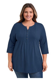 Notched Neck 3/4 Sleeve Front Pleated Button Decor Casual Blouse