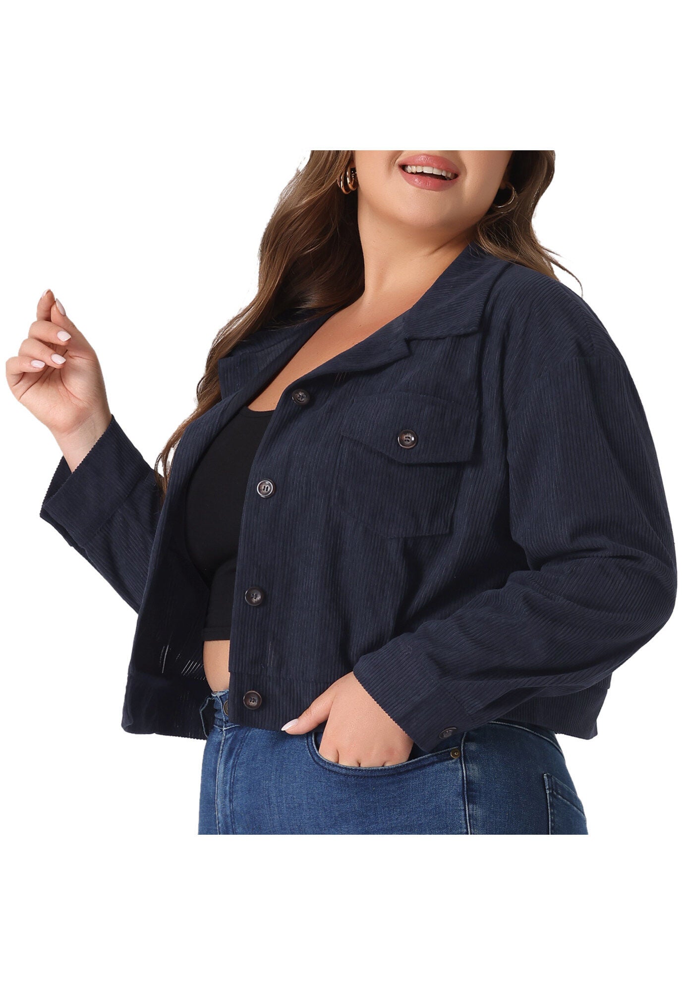 CORDUROY CROPPED BUTTON DOWN LONG SLEEVE SHIRT SHACKET JACKET, Navy Blue / Navy, alternate image number 2
