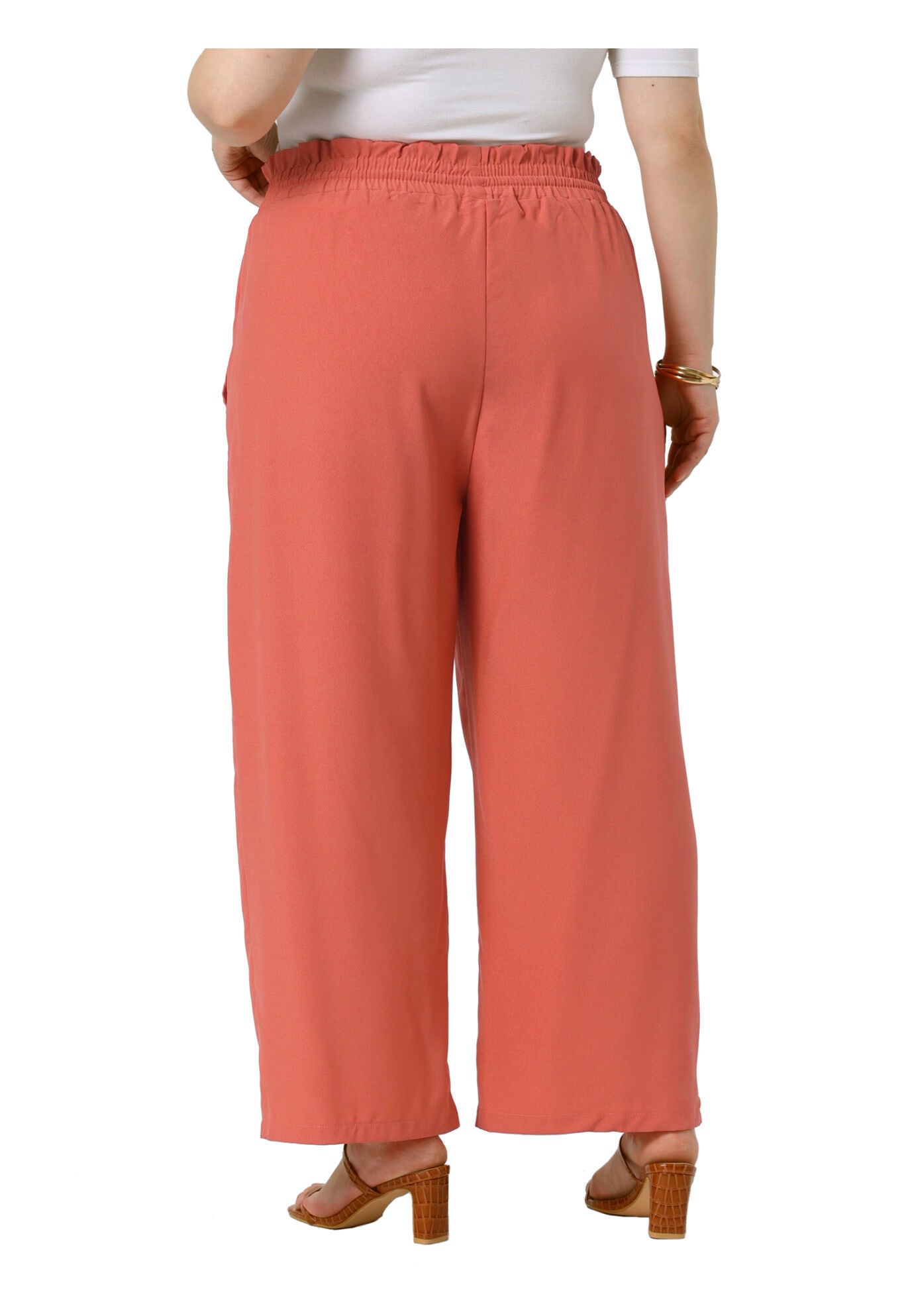 Baggy Wide Leg Elastic High Waist Palazzo Pants with Pockets, Brick Red / Terracotta, alternate image number 3