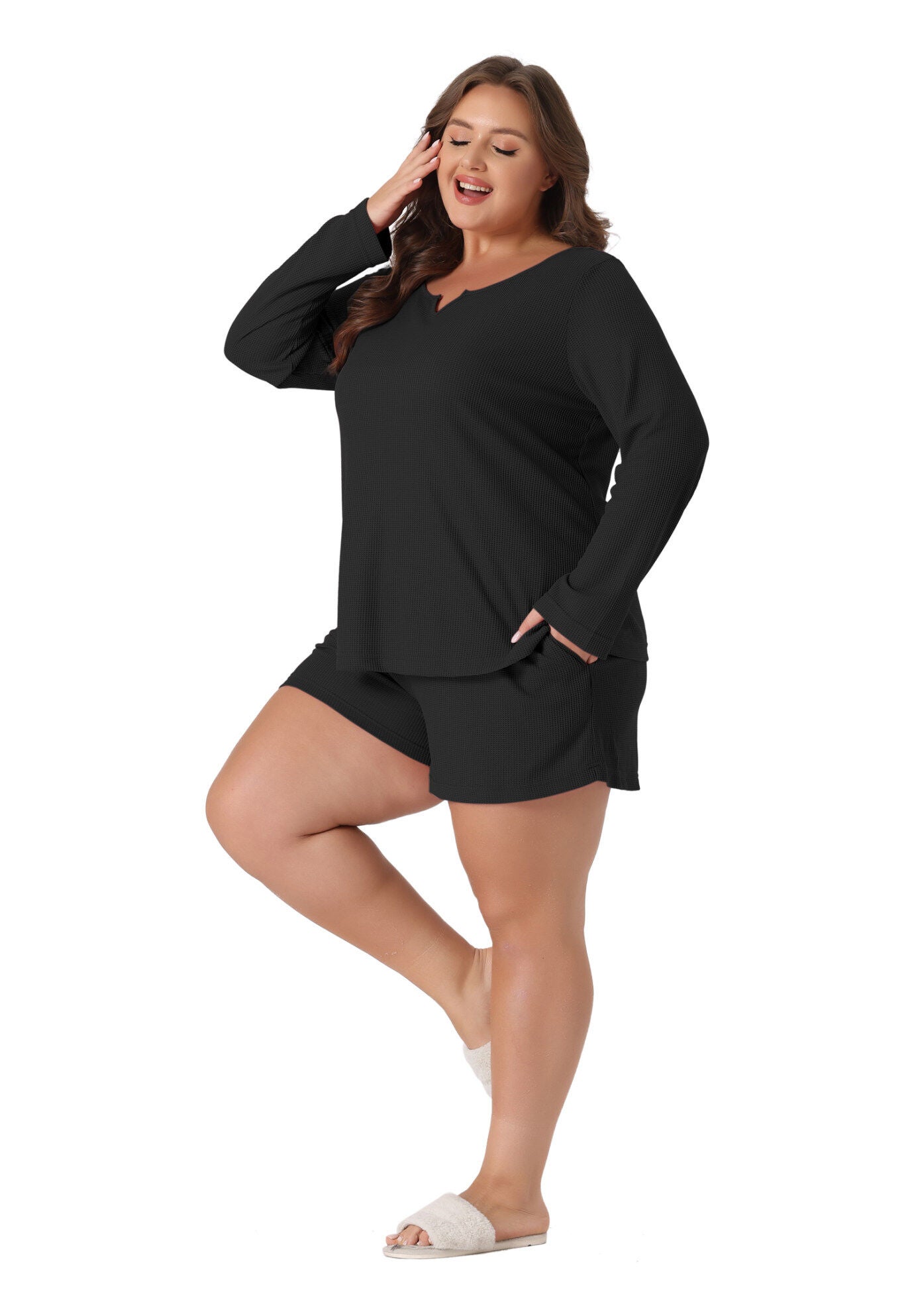 Waffle 2 Piece Long Sleeved Top and Shorts Pajama Sweatsuits Set, Black / Black, hi-res image number 0