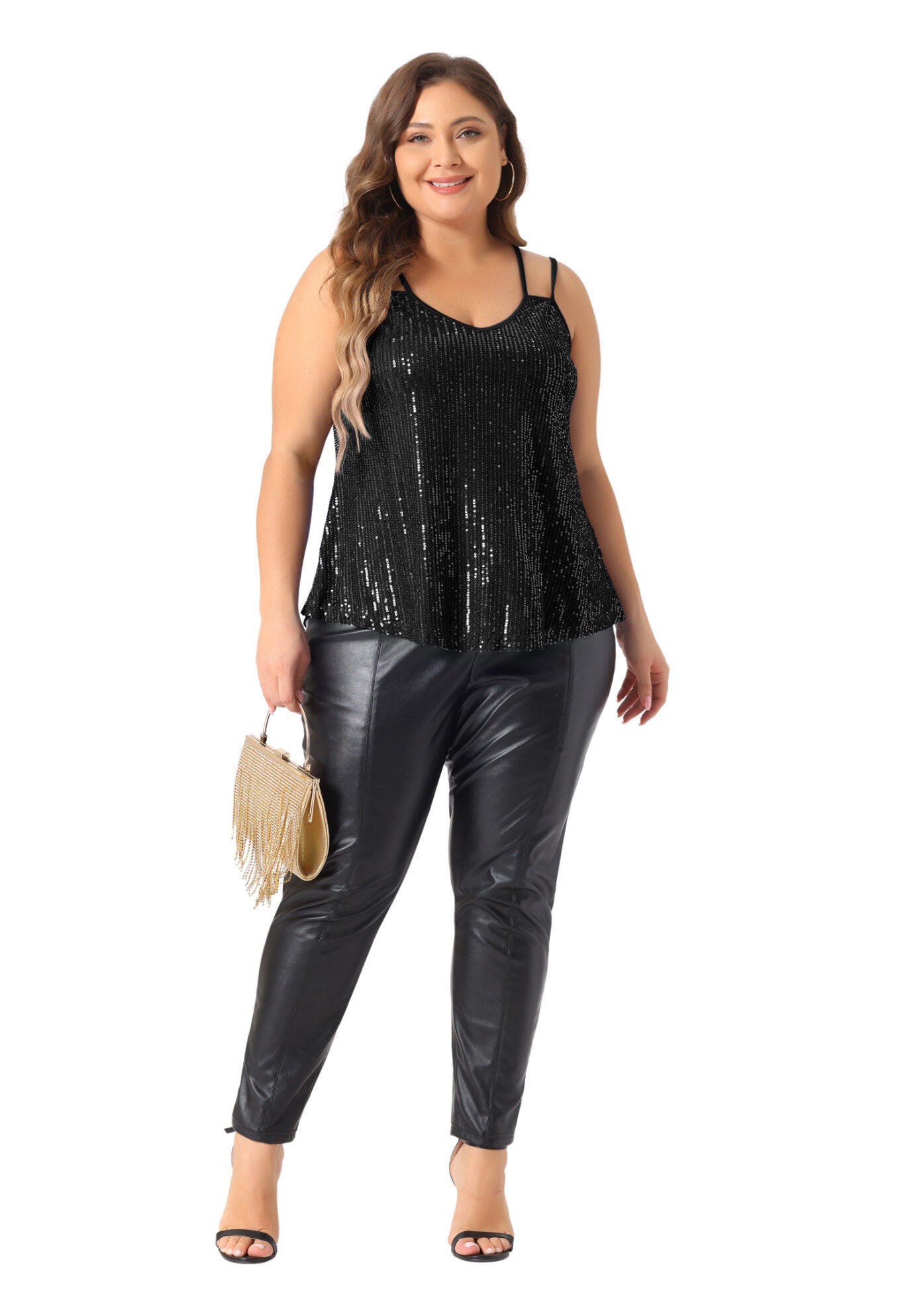 Metallic Spaghetti Strap Cami Party Tank Sequin Top, Black / Black, hi-res image number 0