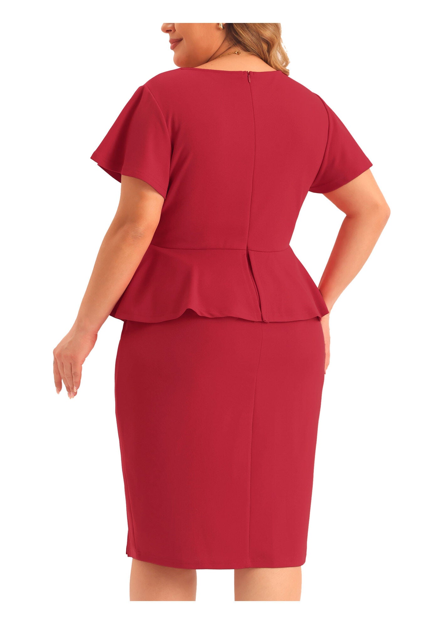 Ruffle Short Sleeve Pencil Retro Peplum Dress, Red / Red, alternate image number 3