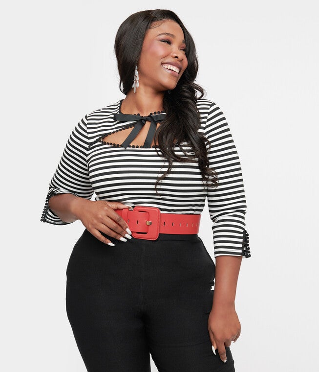 1950s Black & White Stripe Cutout Neck Tie Top, Black White Stripe / Black, hi-res image number 0