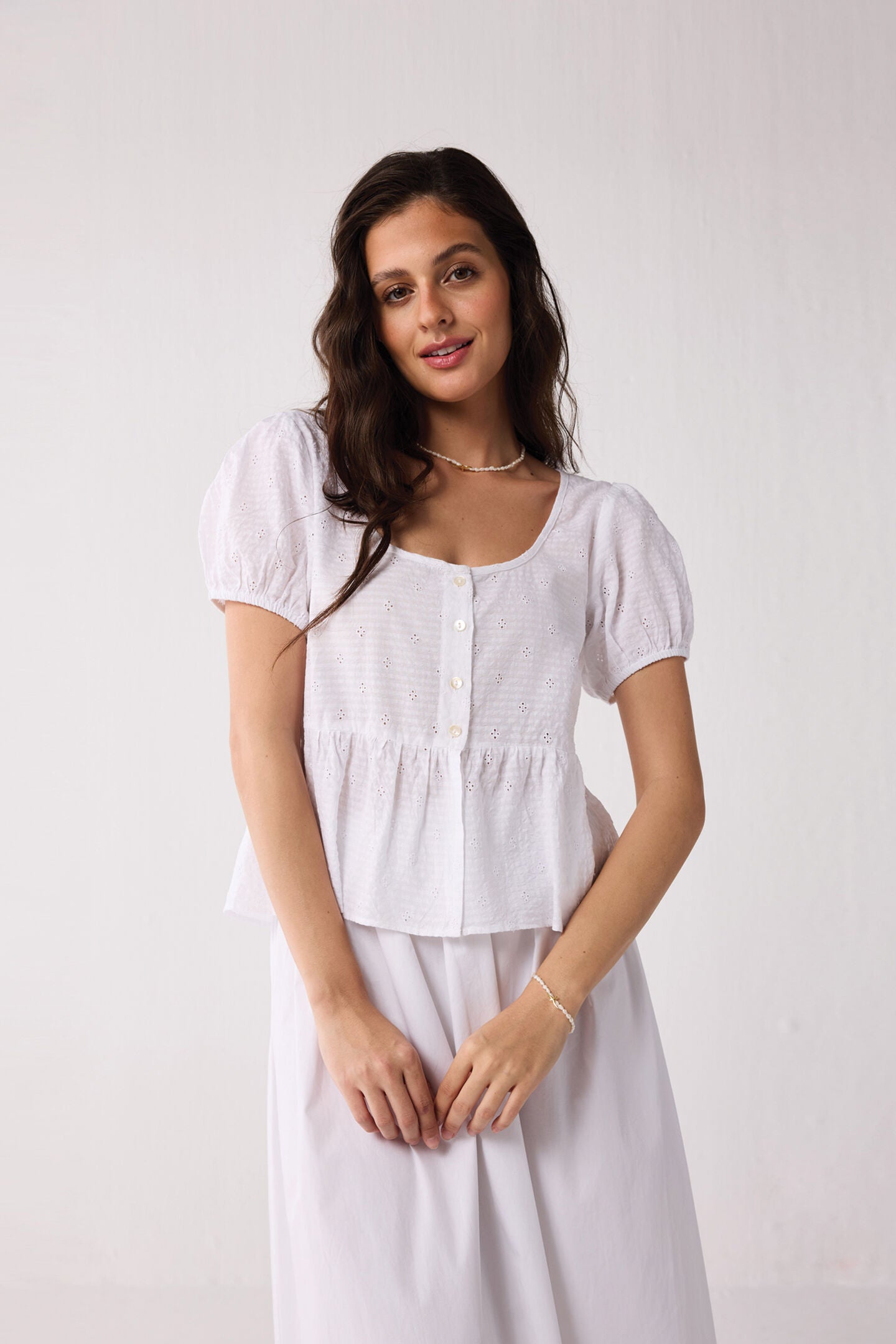 Embroidered Peplum Top with Puff Sleeves in White, Textured Eyelet in White / White, hi-res image number 0