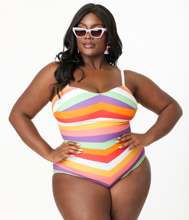 Unique Vintage Plus Size Rainbow Stripe Barbara One Piece Swimsuit, Light Blue / Light Blue, alternate image number 2