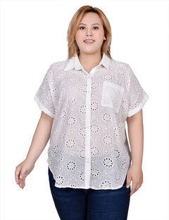 Short Sleeve Eyelet/Jersey Blouse