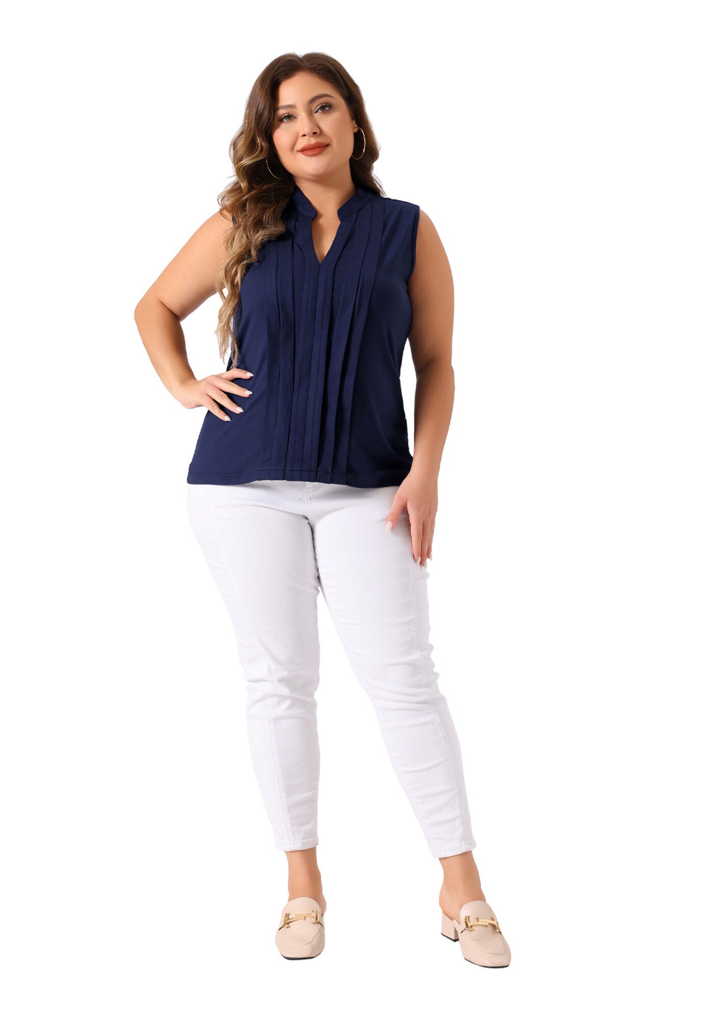 V Neck Sleeveless Pleated Summer Blouse Vest, Navy Blue / Navy, hi-res image number 0