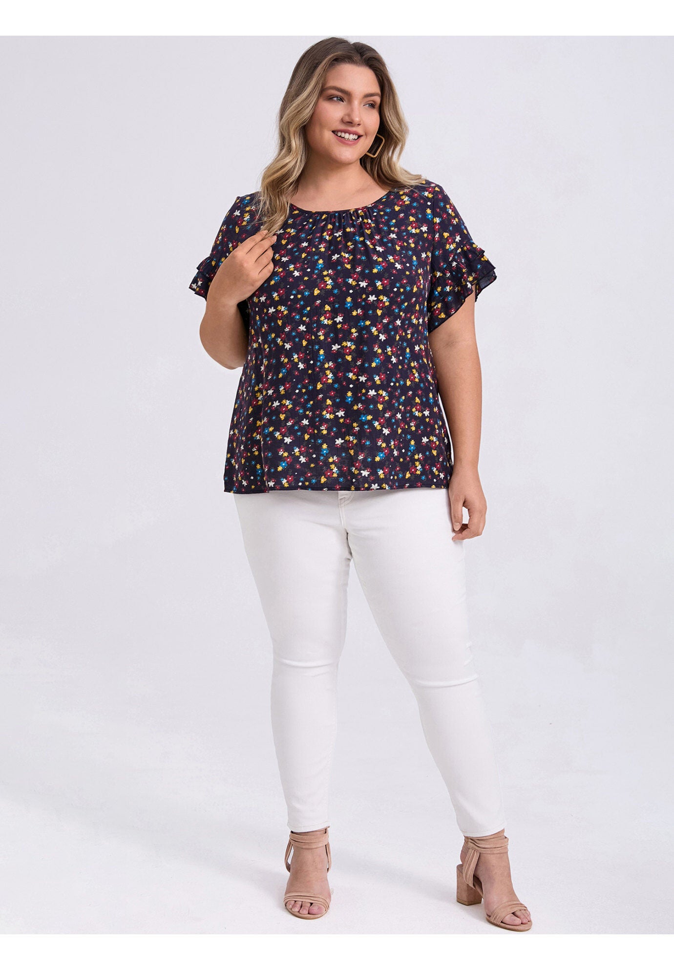 Floral Print Blouse Crew Neck Double Layer Ruffles Short Sleeve Top, Dark Blue / Navy, alternate image number 1
