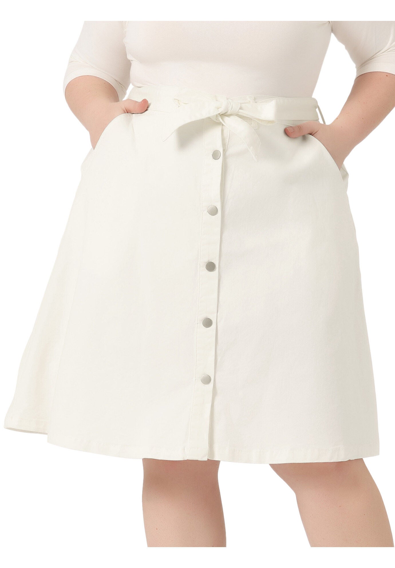 TIE WAIST A-LINE MIDI JEANS DENIM SKIRT, White / White, alternate image number 2