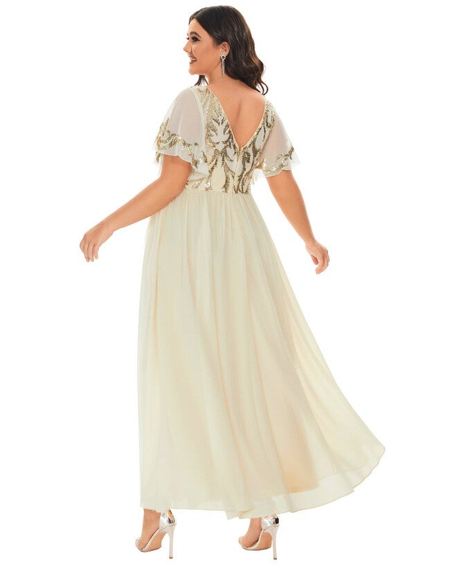 V-Neck Short Sleeve Sequin Bodice Mother of the Bride Dress, , alternate image number null