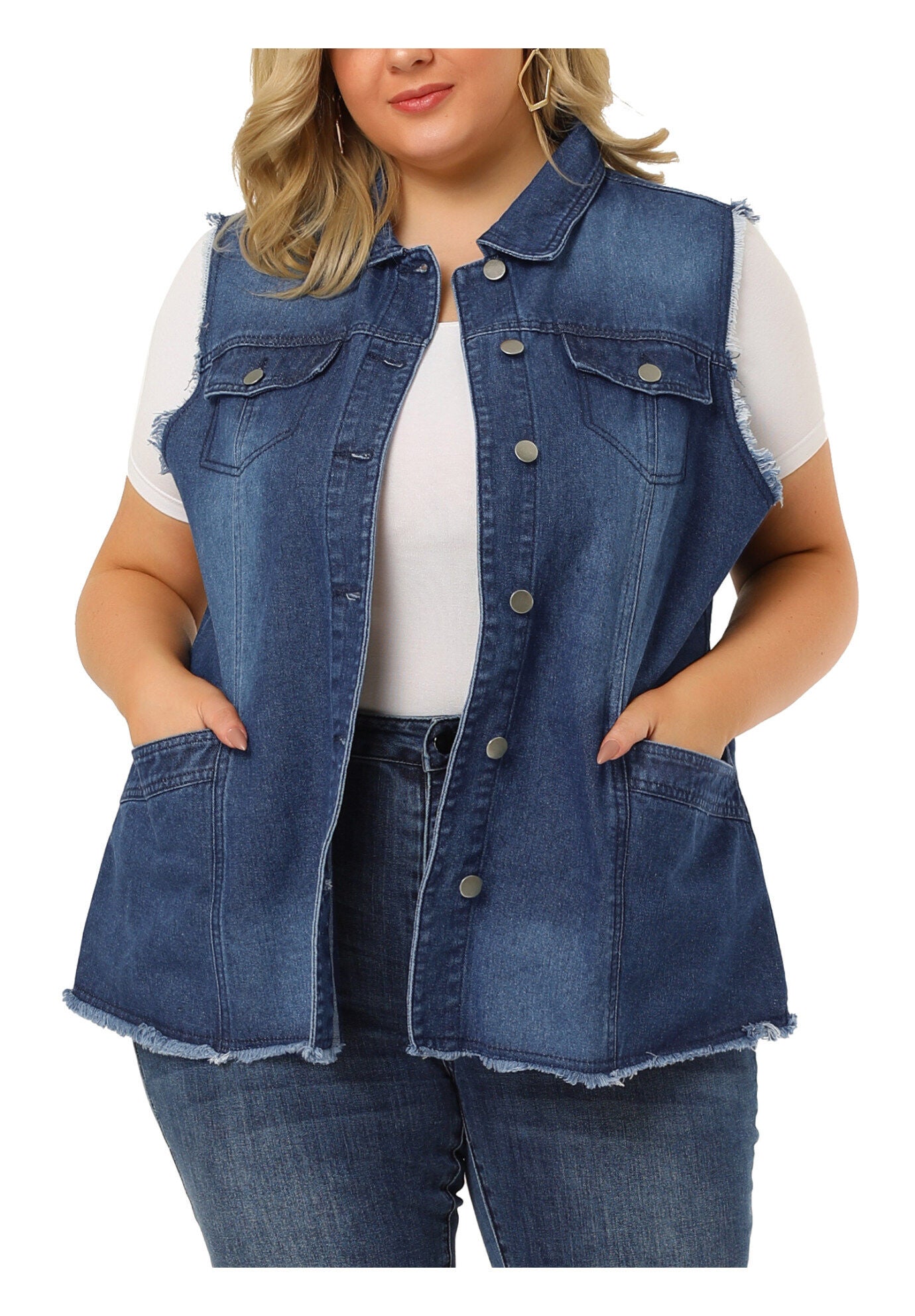 BUTTON FRONT LAPEL FRAYED WASHED SLEEVELESS LONG DENIM VEST, Dark Blue / Navy, alternate image number 1