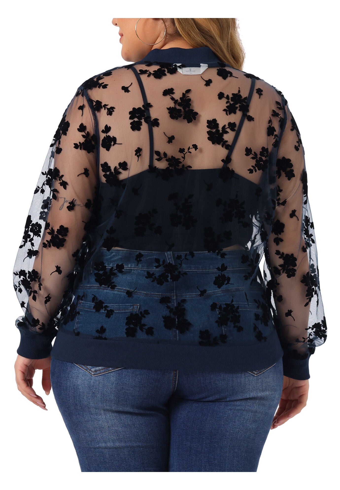 SHEER FLORAL LACE LONG SLEEVE BASEBALL JACKET, Navy Blue / Navy, alternate image number 4