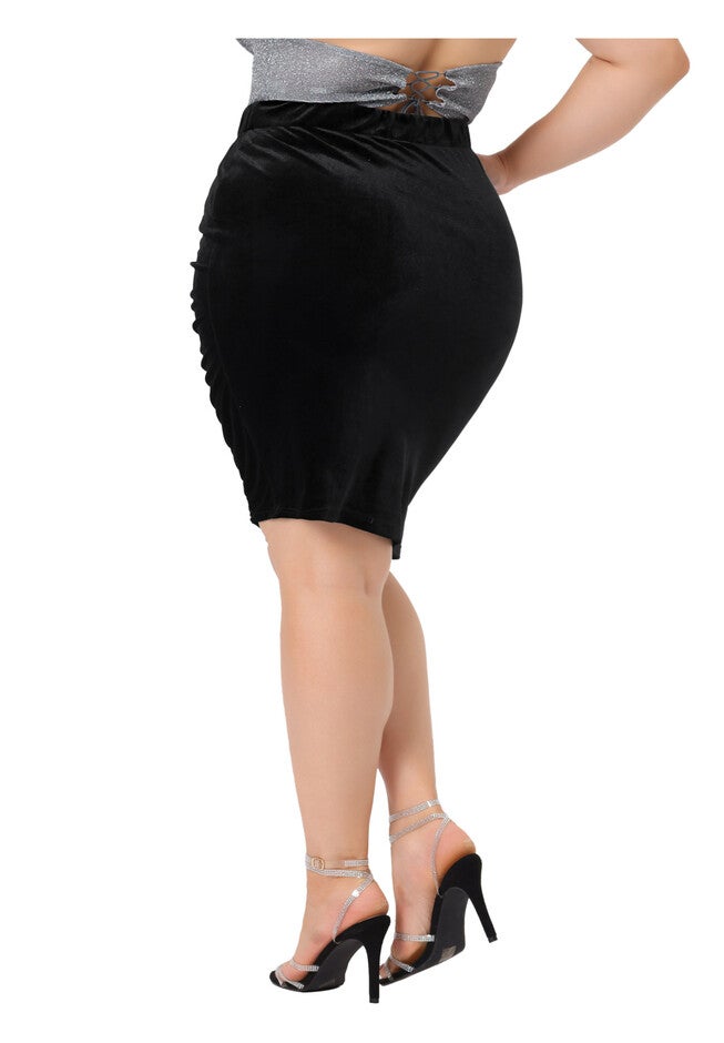 STRETCHY HIGH WAIST RUCHED PENCIL BODYCON MINI VELVET SKIRT, Black / Black, alternate image number 3