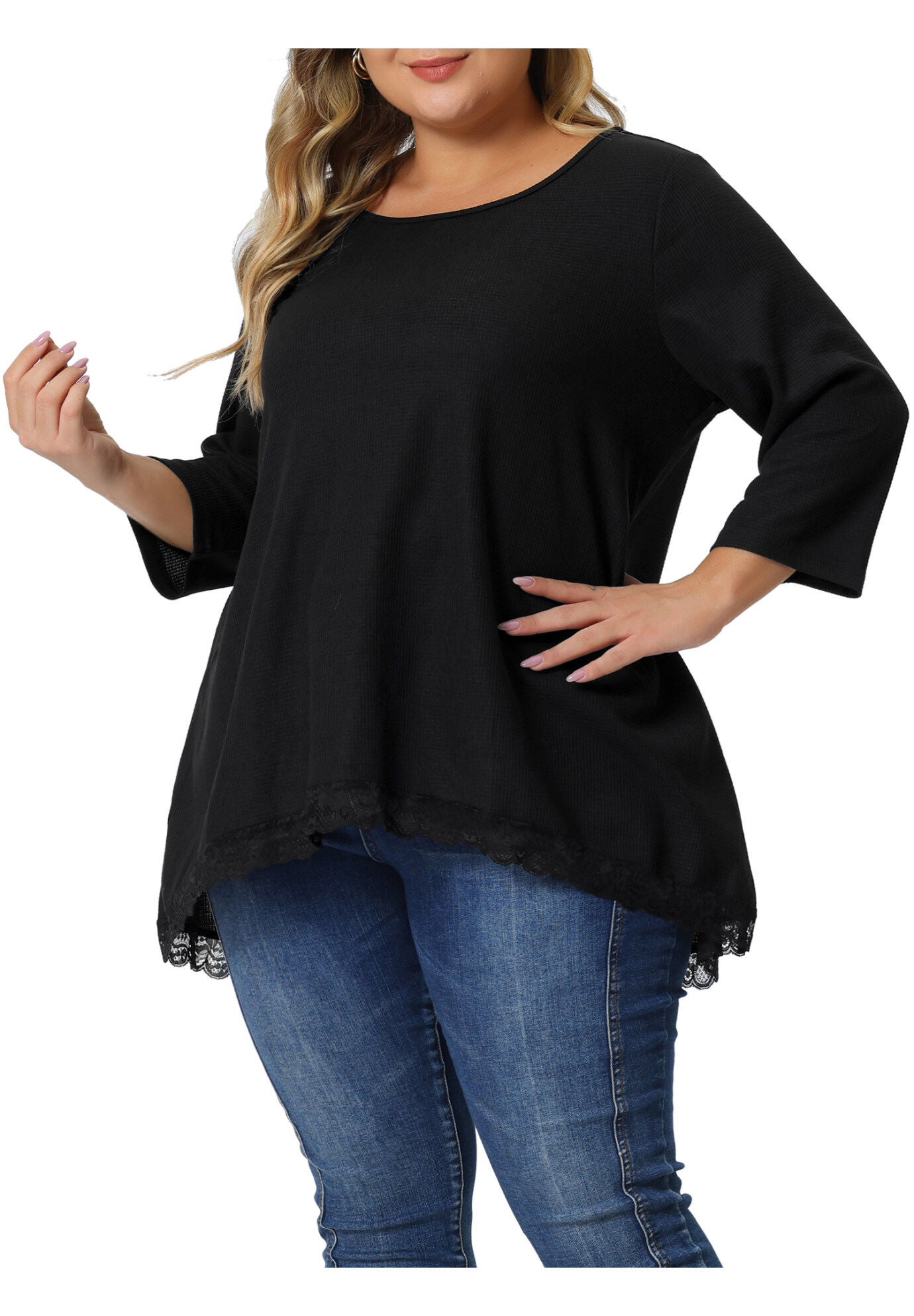 Waffle 3/4 Sleeve Lace Panel Loose High Low Hem Blouse Top, Black / Black, alternate image number 1