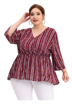Boho Work V Neck Striped Peplum Top Blouse