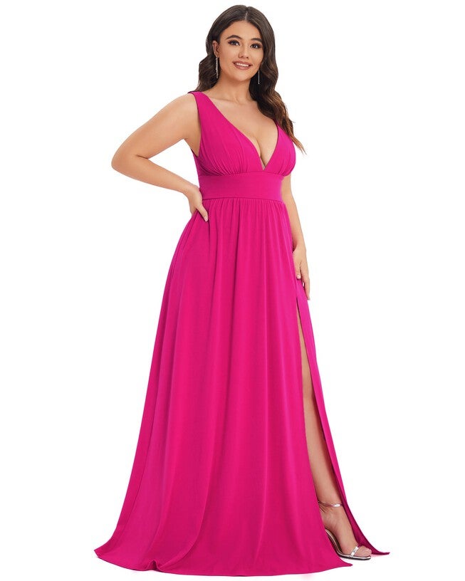 Sleeveless V-Neck Empire Waist High Slit Floor-Length Evening Dress, Hot Pink / Pink, alternate image number null