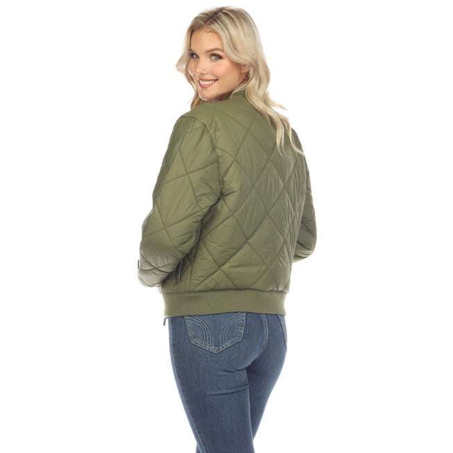 Women's Lightweight Diamond Quilted Puffer Bomber Jacket, Olive / Olive Green, alternate image number null