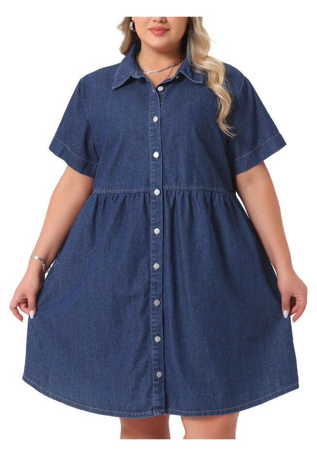 Denim Babydoll Tiered Short Sleeve Button Down Jean Shirt Dress, Dark Blue / Navy, alternate image number 1