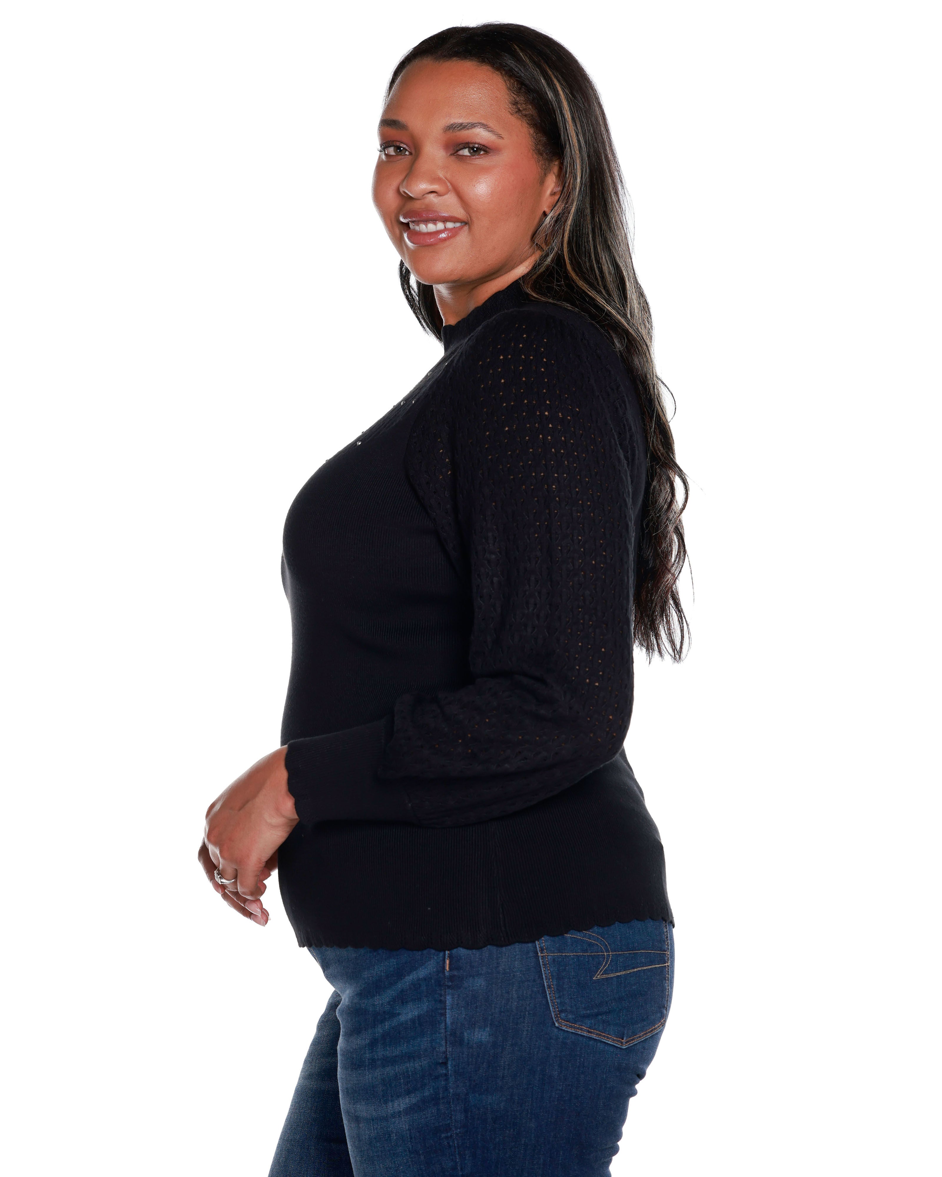 POINTELLE AND RHINESTONE DETAIL SWEATER, Black / Black, alternate image number 2