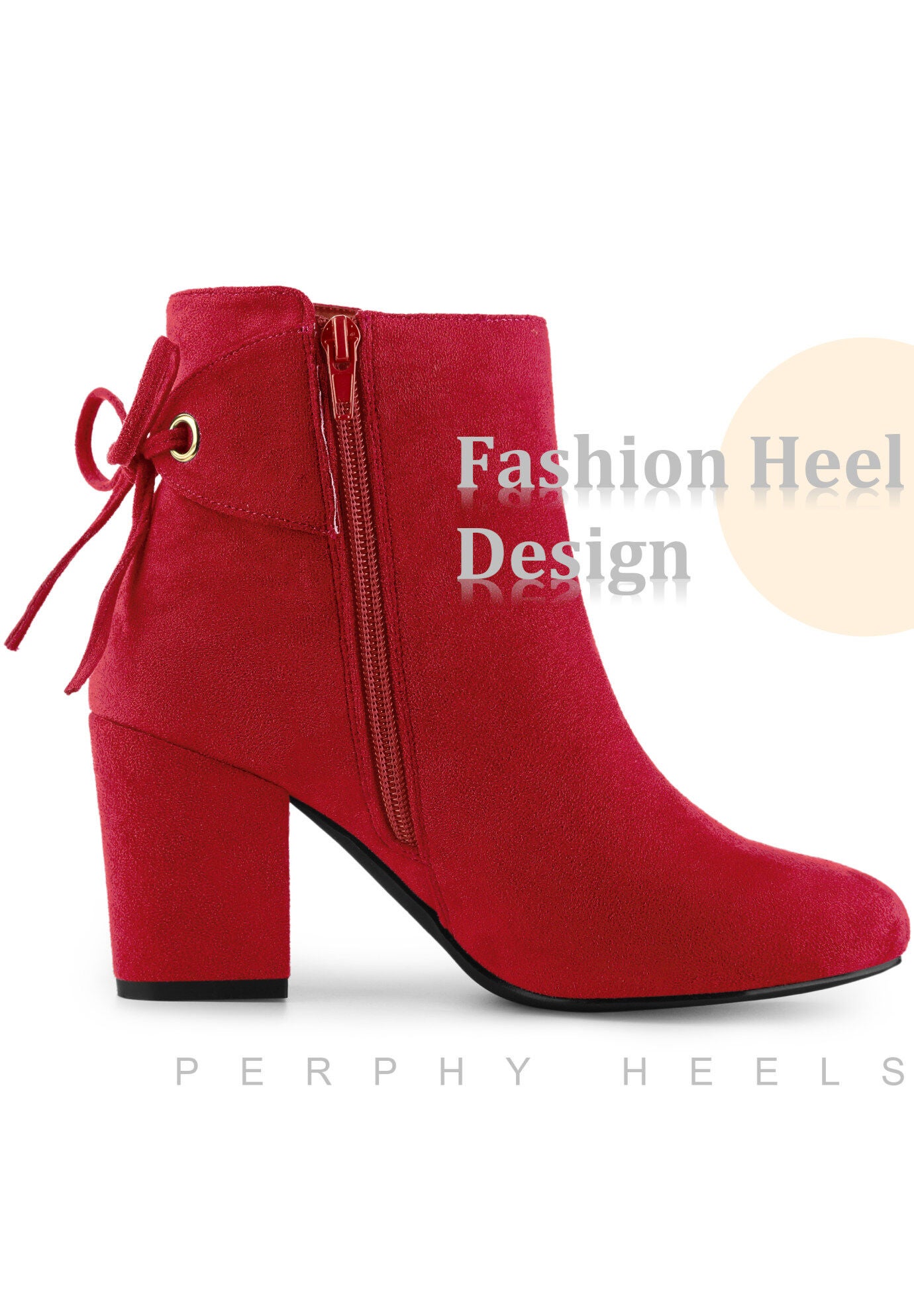 Round Toe Lace Up Back Chunky High Heels Ankle Boots, Red / Red, alternate image number 3