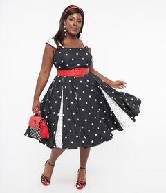 Unique Vintage Black & White Polka Dot Stripe Swing Dress