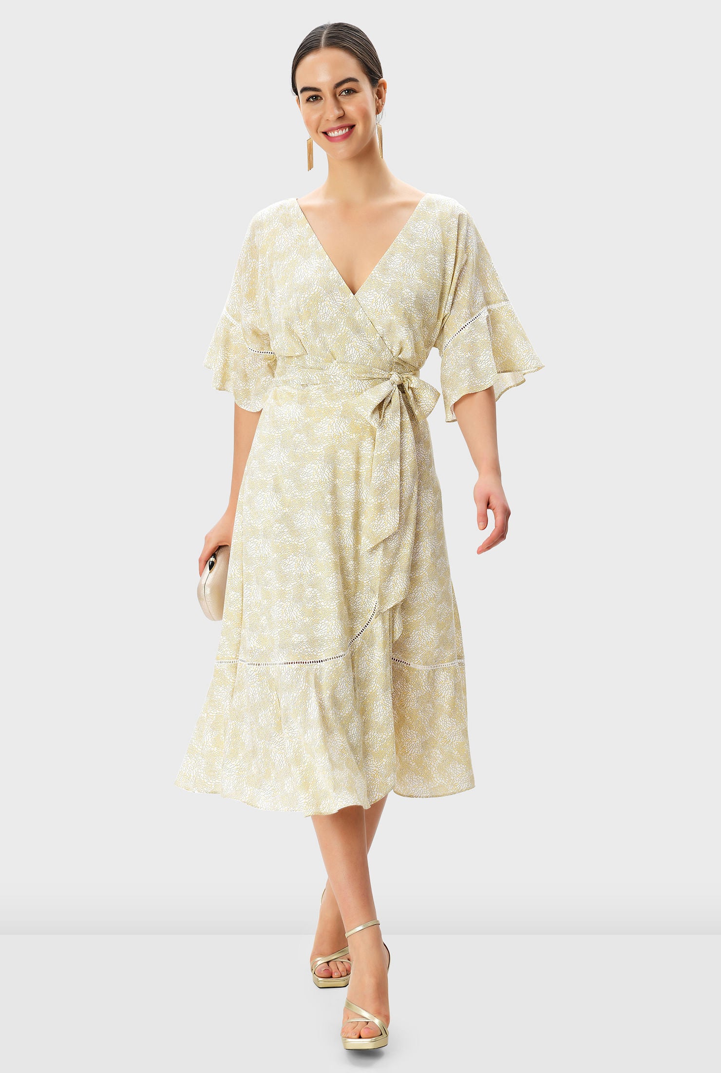 Graphic Floral Print Modal Ruffle Flounce Wrap Dress, Golden Yellow / Cream, hi-res image number 0