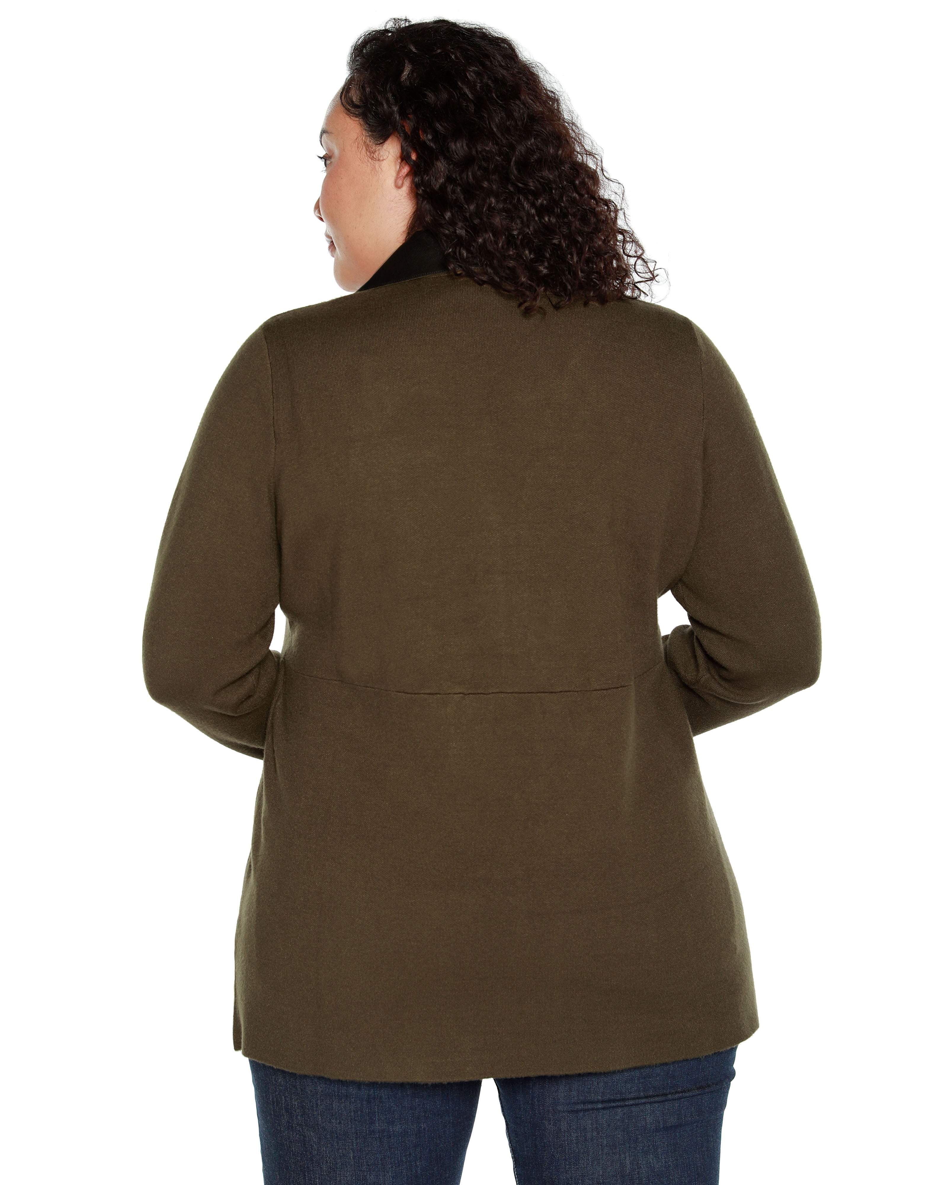 FAUX-LEATHER COLLARED SWEATER JACKET, Burnt Olive / Olive Green, alternate image number 1