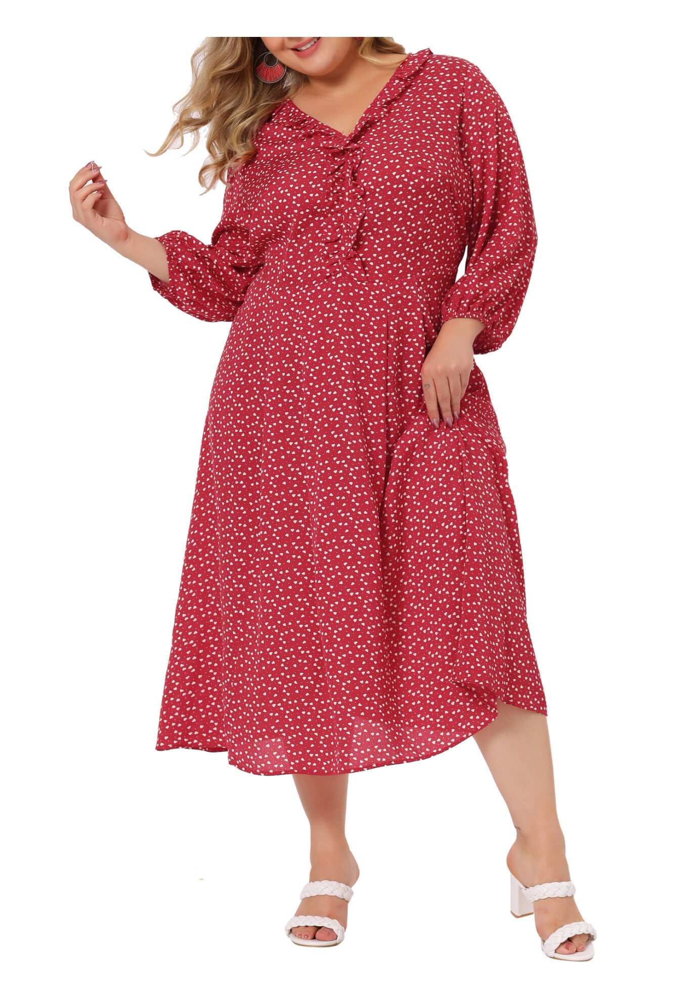 3/4 Sleeve Sweetheart Print Midi Ruffle Dress, Red / Red, alternate image number 2