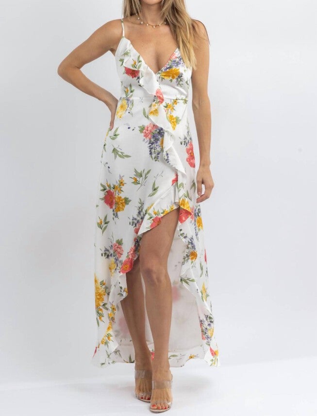 CHLOE MULTIFLORAL SLIT MIDI DRESS IN WHITE, White / White, hi-res image number 0