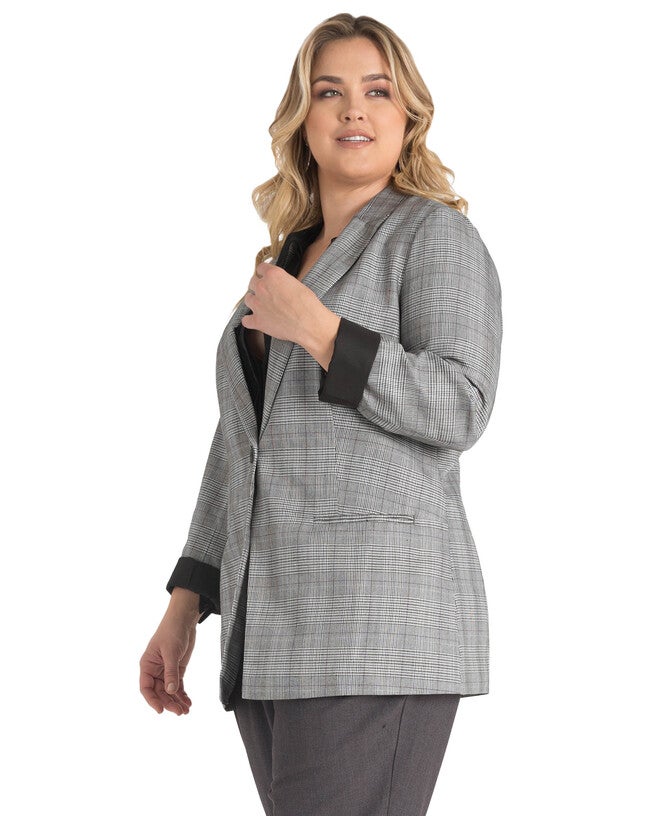 Plus Size Dorothy One-Button Oversized Plaid Boyfriend Blazer, Black White / Black, alternate image number 2