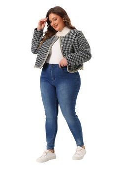 COLLARLESS OPEN FRONT PLAID TWEED BLAZER JACKET