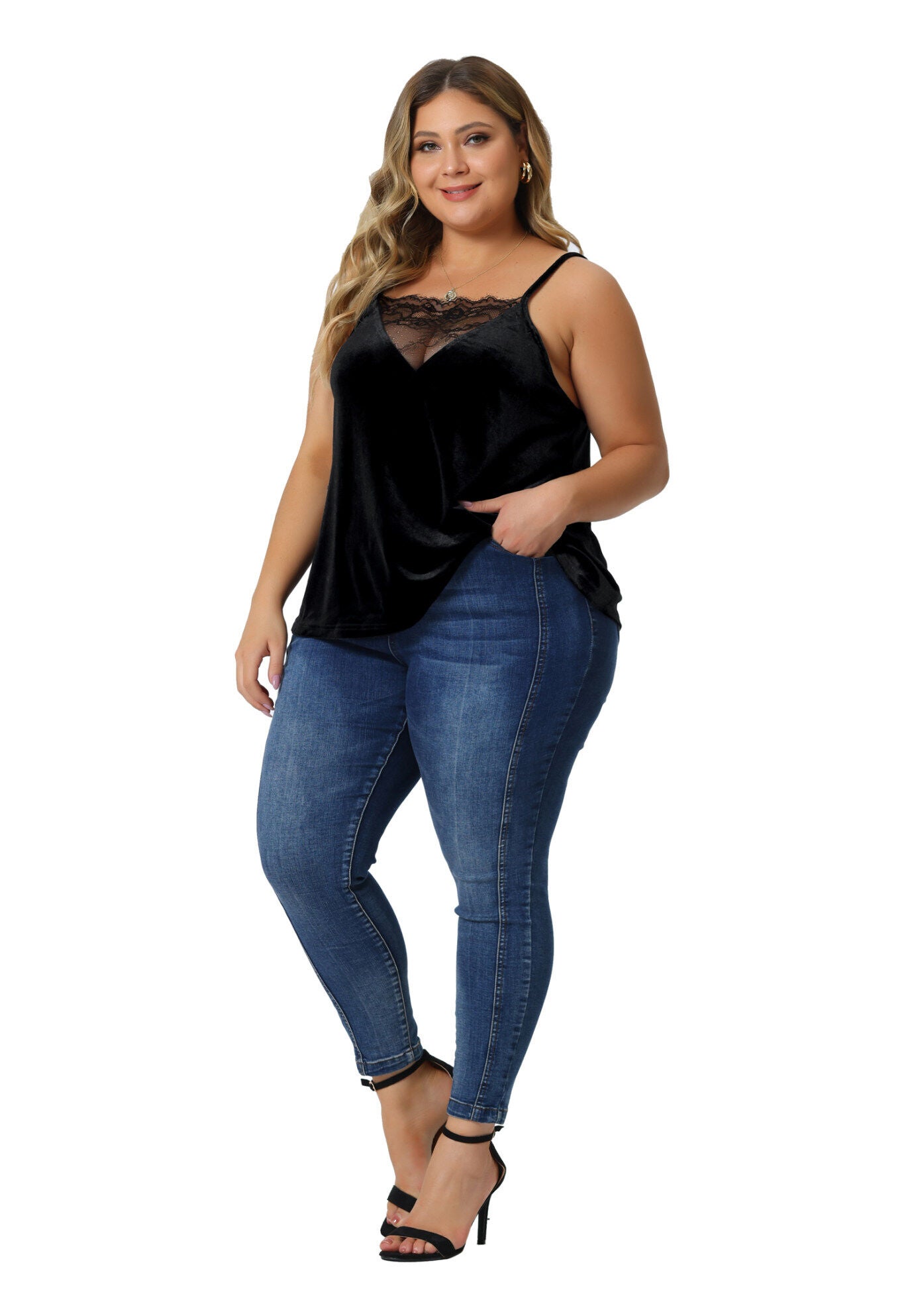 VELVET CAMI LACE DEEP V NECK SLEEVELESS TOP, Black / Black, hi-res image number 0