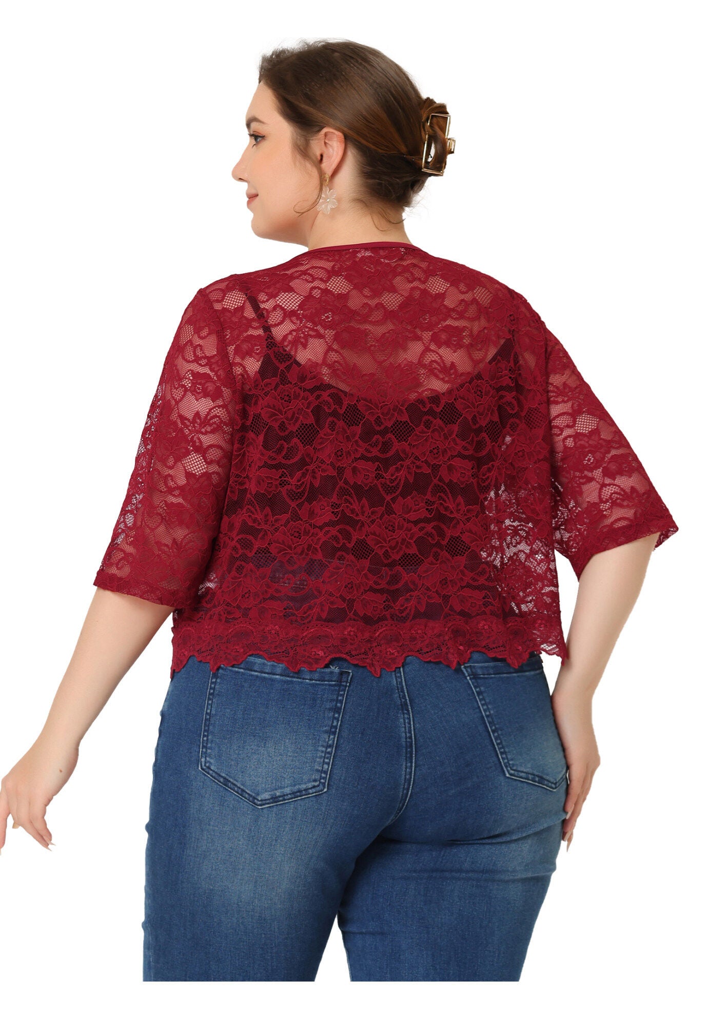 1/2 SLEEVE SHEER LACE BOLERO SHRUG, Burgundy / Red, alternate image number 3