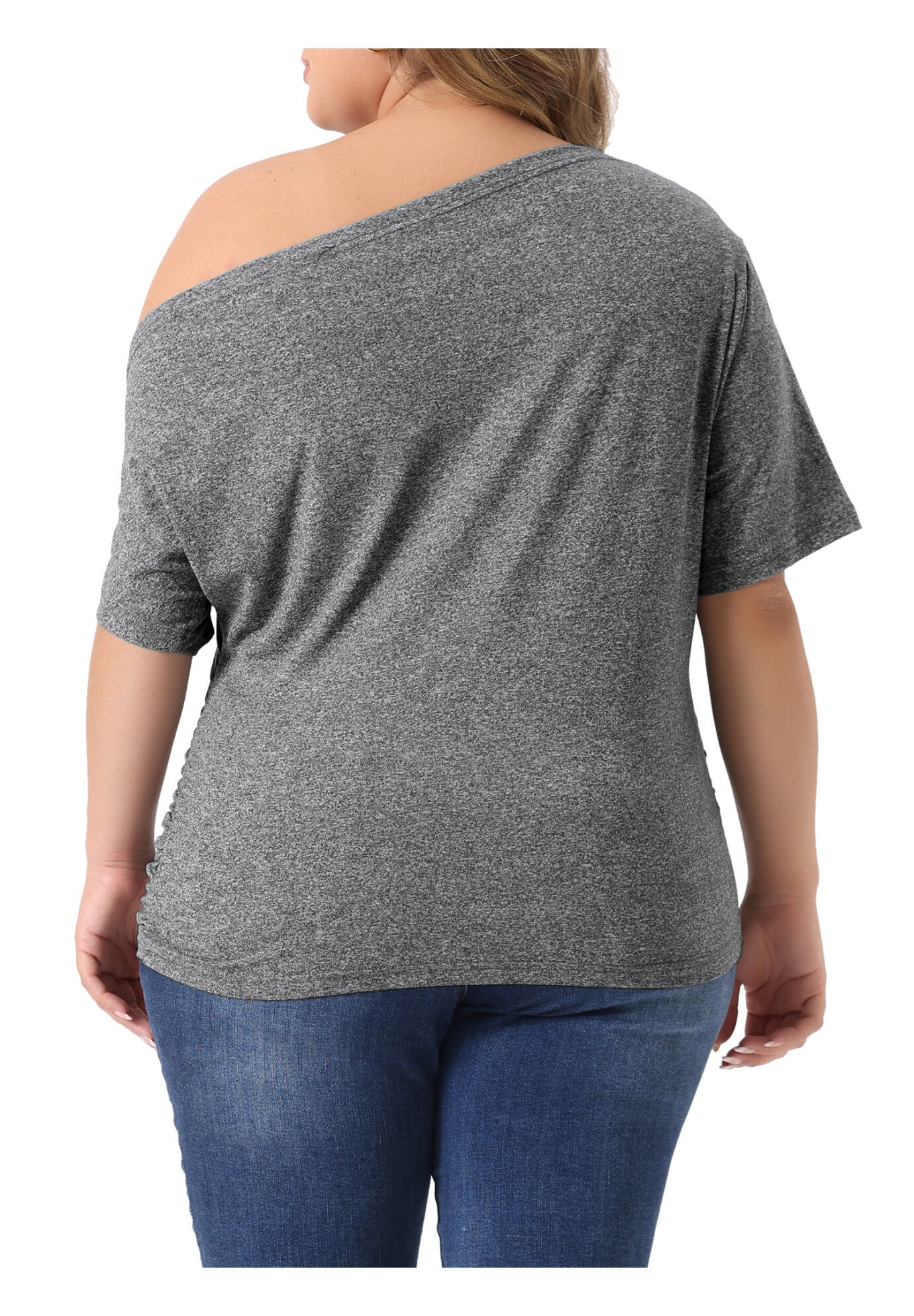ONE SHOULDER SHORT SLEEVE RUCHED TOP, Gray / Charcoal Grey, alternate image number 3