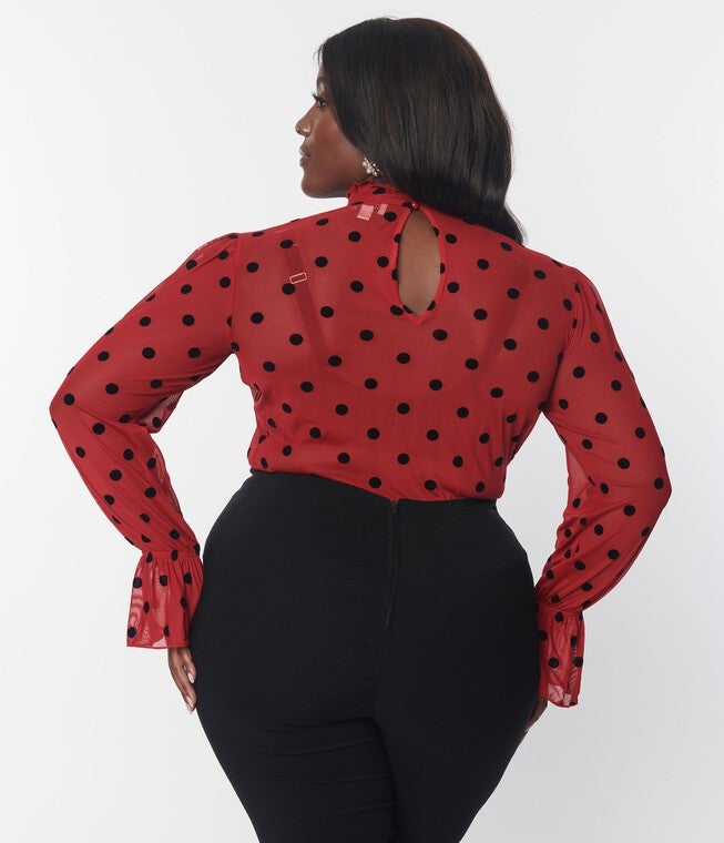 Unique Vintage Burgundy & Black Polka Dot Donna Blouse, , alternate image number 5