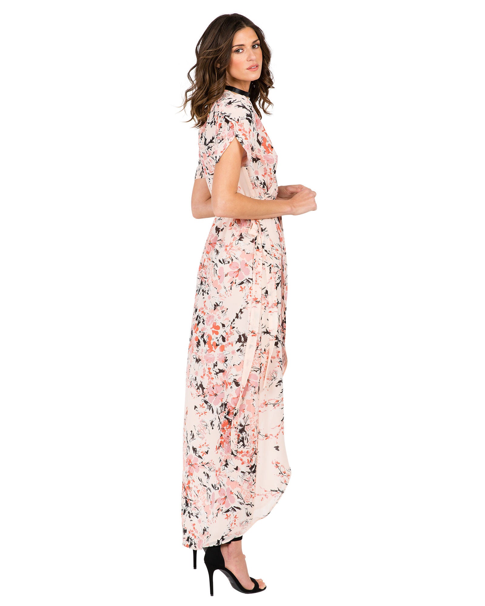 Robin Short Sleeve V-Neck Maxi Dress Peach Pink Floral Print, , alternate image number 7