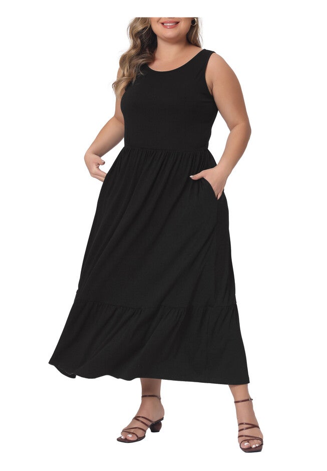 Sleeveless Swing Flowy Summer Maxi T-Shirt Dress with Pockets, Black / Black, alternate image number null